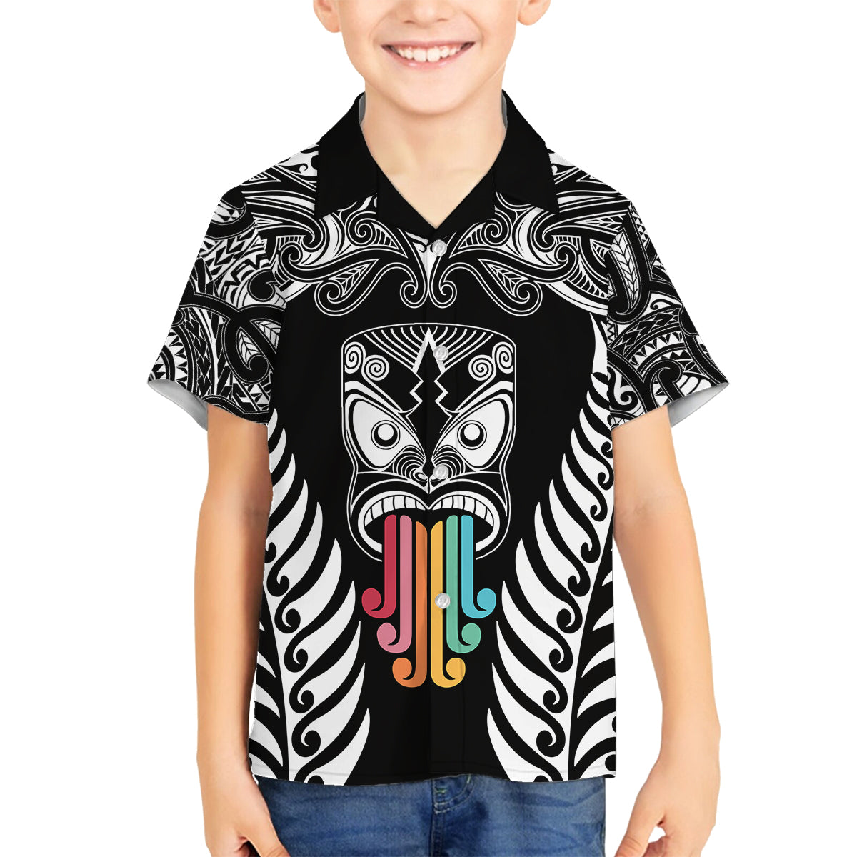 Personalised Kia Kaha Te Reo Maori Family Matching Off Shoulder Maxi Dress and Hawaiian Shirt Hei Tiki Mix Koru - Black LT7 Son's Shirt Black - Polynesian Pride