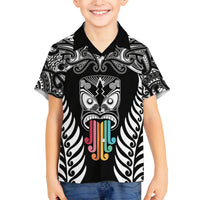 Personalised Kia Kaha Te Reo Maori Family Matching Off Shoulder Maxi Dress and Hawaiian Shirt Hei Tiki Mix Koru - Black LT7 Son's Shirt Black - Polynesian Pride