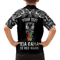 Personalised Kia Kaha Te Reo Maori Family Matching Off Shoulder Short Dress and Hawaiian Shirt Hei Tiki Mix Koru - Black LT7 - Polynesian Pride