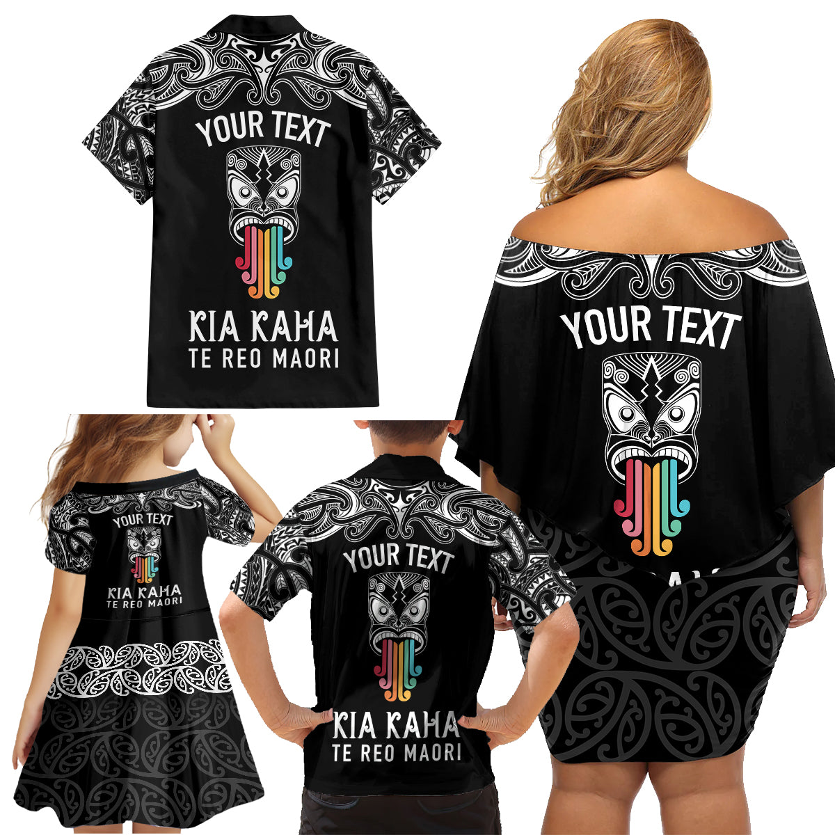 Personalised Kia Kaha Te Reo Maori Family Matching Off Shoulder Short Dress and Hawaiian Shirt Hei Tiki Mix Koru - Black LT7 - Polynesian Pride