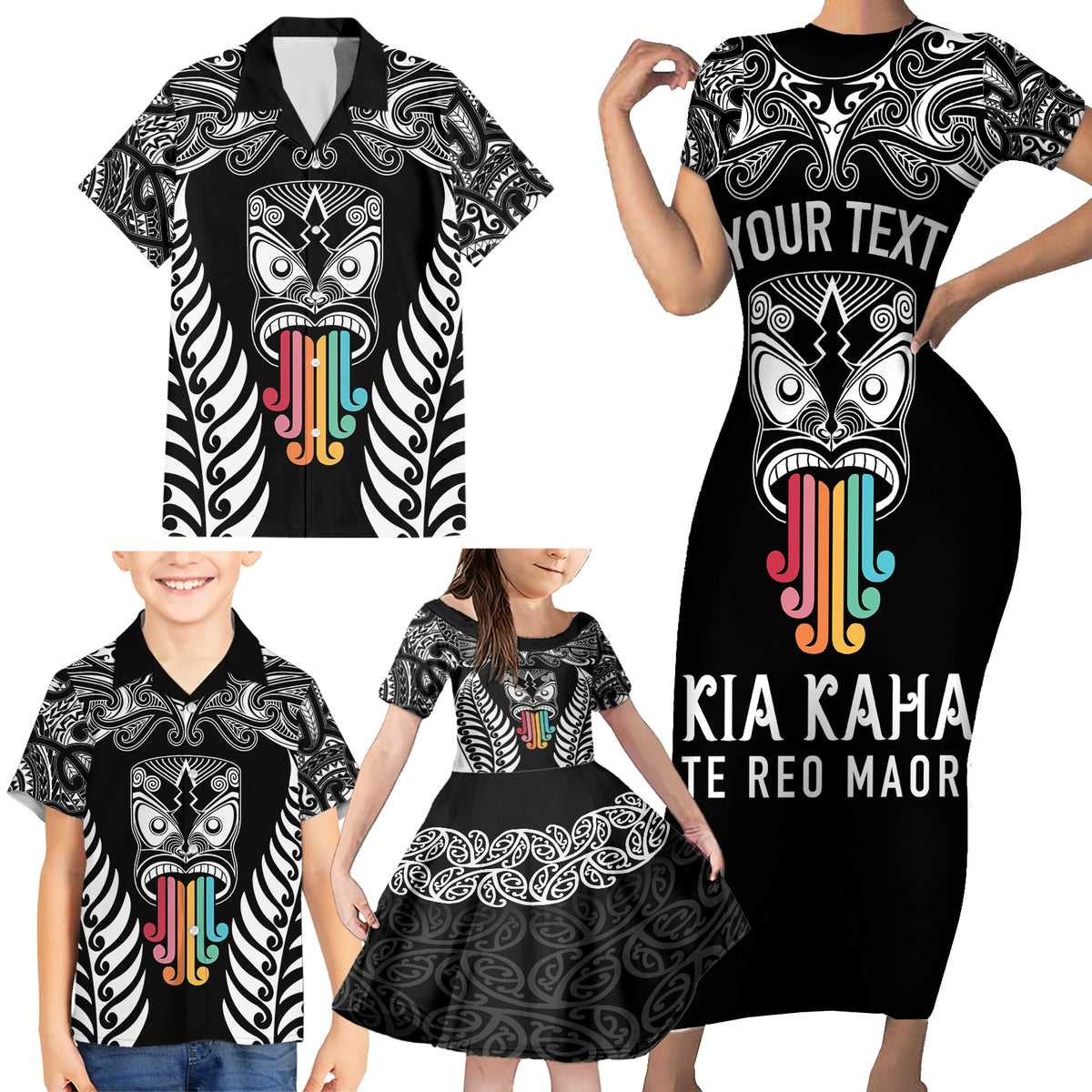 Personalised Kia Kaha Te Reo Maori Family Matching Short Sleeve Bodycon Dress and Hawaiian Shirt Hei Tiki Mix Koru - Black LT7 - Polynesian Pride
