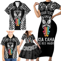 Personalised Kia Kaha Te Reo Maori Family Matching Short Sleeve Bodycon Dress and Hawaiian Shirt Hei Tiki Mix Koru - Black LT7 - Polynesian Pride