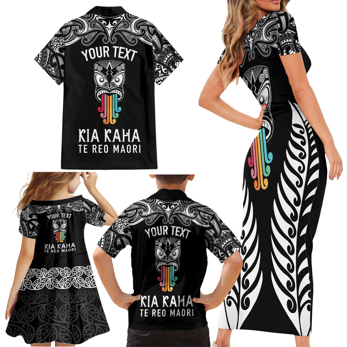 Personalised Kia Kaha Te Reo Maori Family Matching Short Sleeve Bodycon Dress and Hawaiian Shirt Hei Tiki Mix Koru - Black LT7 - Polynesian Pride