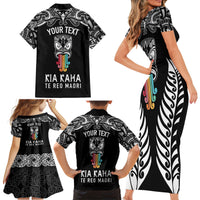 Personalised Kia Kaha Te Reo Maori Family Matching Short Sleeve Bodycon Dress and Hawaiian Shirt Hei Tiki Mix Koru - Black LT7 - Polynesian Pride