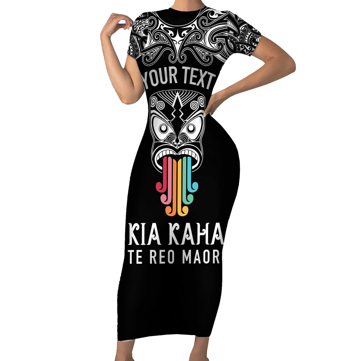Personalised Kia Kaha Te Reo Maori Family Matching Short Sleeve Bodycon Dress and Hawaiian Shirt Hei Tiki Mix Koru - Black LT7 Mom's Dress Black - Polynesian Pride