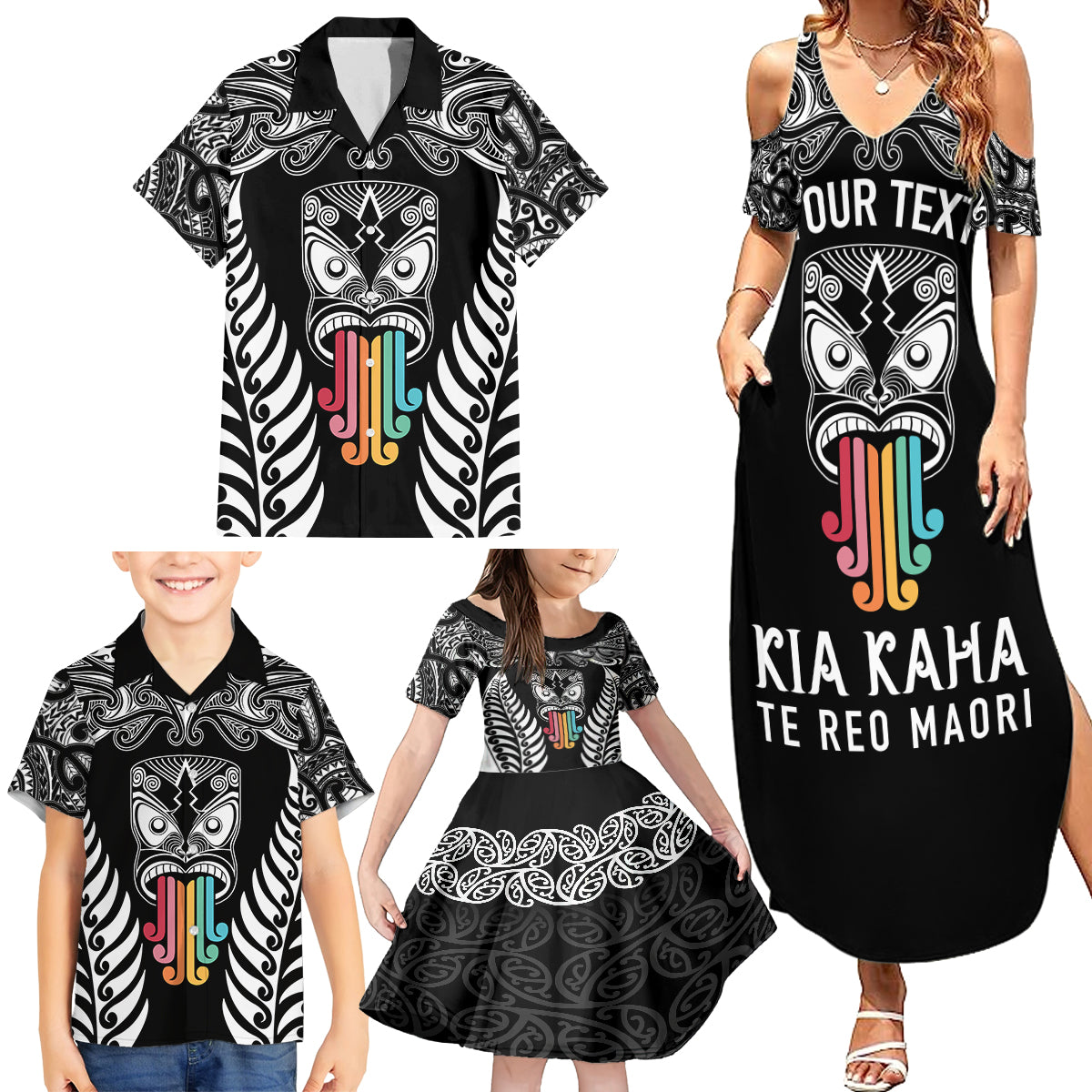 Personalised Kia Kaha Te Reo Maori Family Matching Summer Maxi Dress and Hawaiian Shirt Hei Tiki Mix Koru - Black LT7 - Polynesian Pride