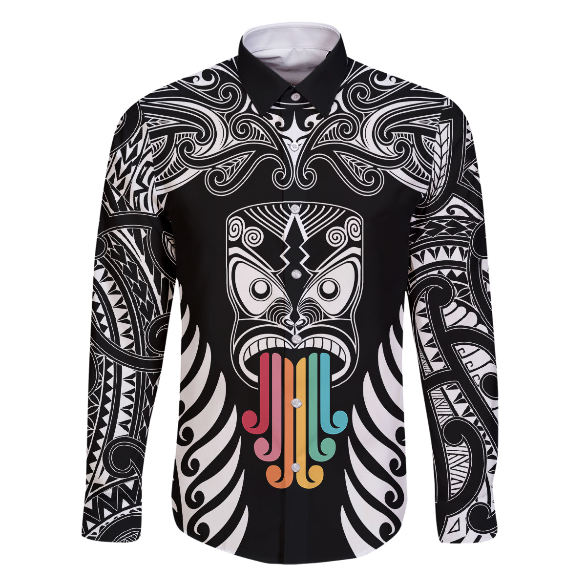 Personalised Kia Kaha Te Reo Maori Family Matching Summer Maxi Dress and Hawaiian Shirt Hei Tiki Mix Koru - Black LT7 Dad's Shirt - Long Sleeve Black - Polynesian Pride