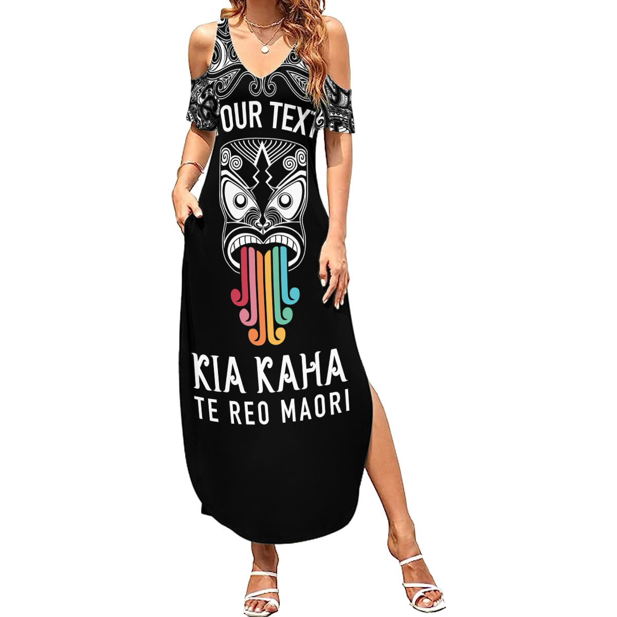 Personalised Kia Kaha Te Reo Maori Family Matching Summer Maxi Dress and Hawaiian Shirt Hei Tiki Mix Koru - Black LT7 Mom's Dress Black - Polynesian Pride