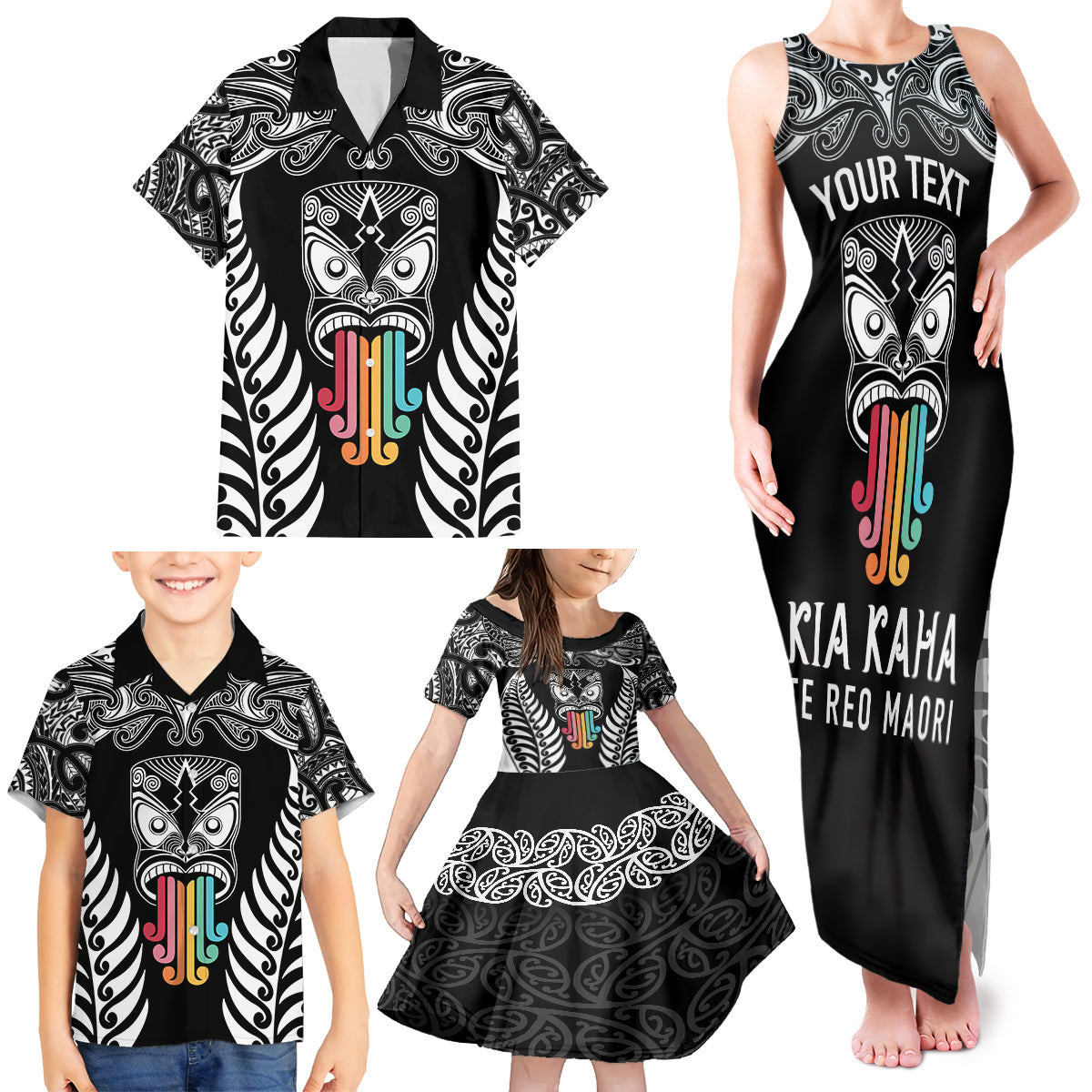 Personalised Kia Kaha Te Reo Maori Family Matching Tank Maxi Dress and Hawaiian Shirt Hei Tiki Mix Koru - Black LT7 - Polynesian Pride