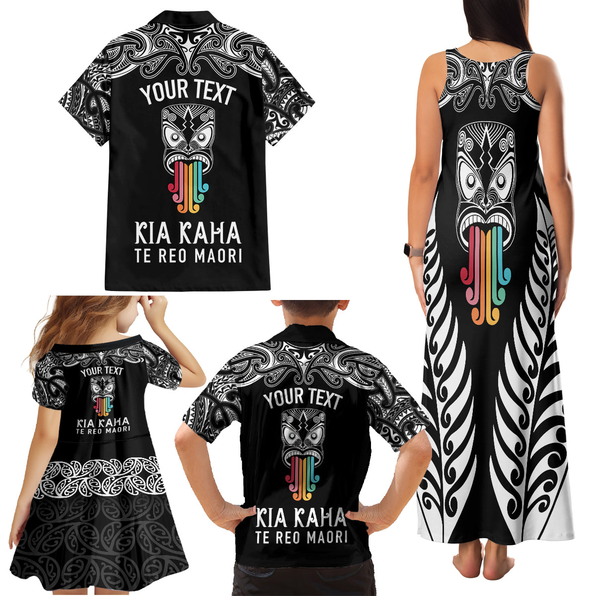 Personalised Kia Kaha Te Reo Maori Family Matching Tank Maxi Dress and Hawaiian Shirt Hei Tiki Mix Koru - Black LT7 - Polynesian Pride