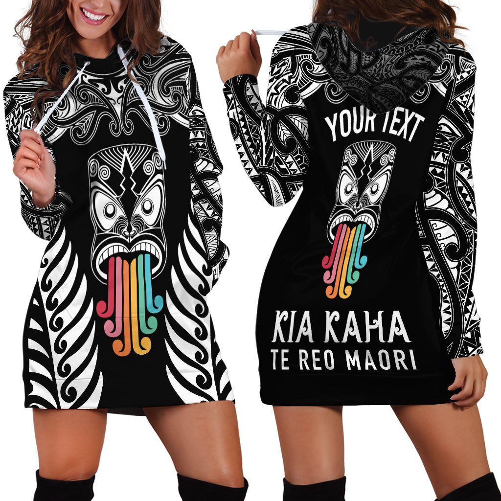 Personalised Kia Kaha Te Reo Maori Hoodie Dress Hei Tiki Mix Koru - Black LT7 - Polynesian Pride