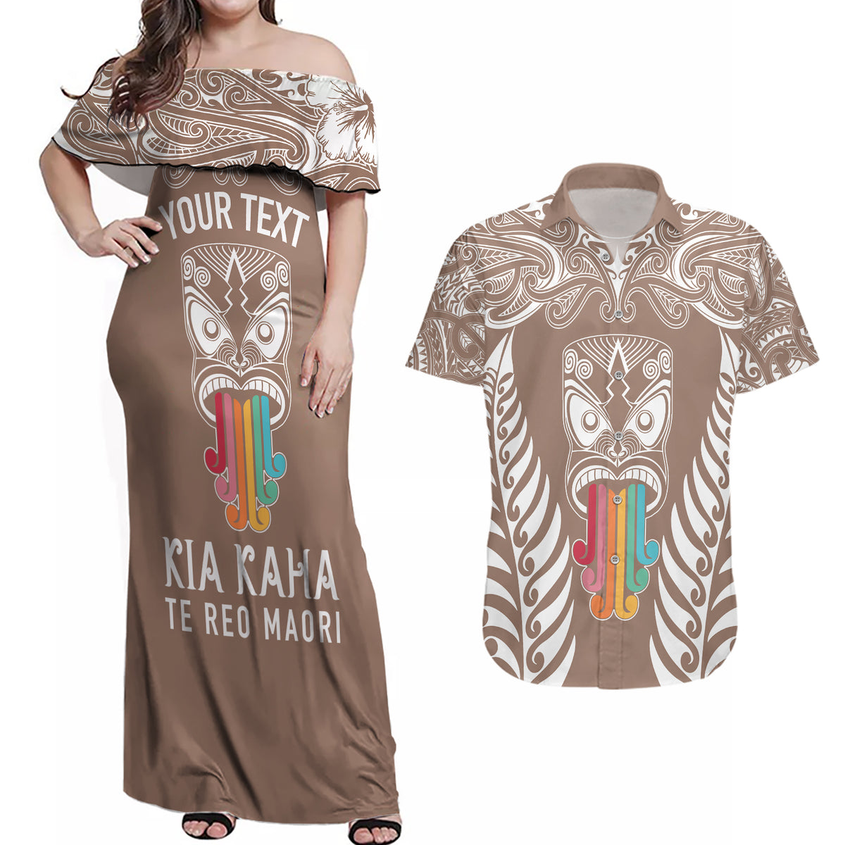 Personalised Kia Kaha Te Reo Maori Couples Matching Off Shoulder Maxi Dress and Hawaiian Shirt Hei Tiki Mix Koru - Brown LT7 Brown - Polynesian Pride