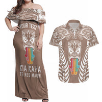 Personalised Kia Kaha Te Reo Maori Couples Matching Off Shoulder Maxi Dress and Hawaiian Shirt Hei Tiki Mix Koru - Brown LT7 Brown - Polynesian Pride