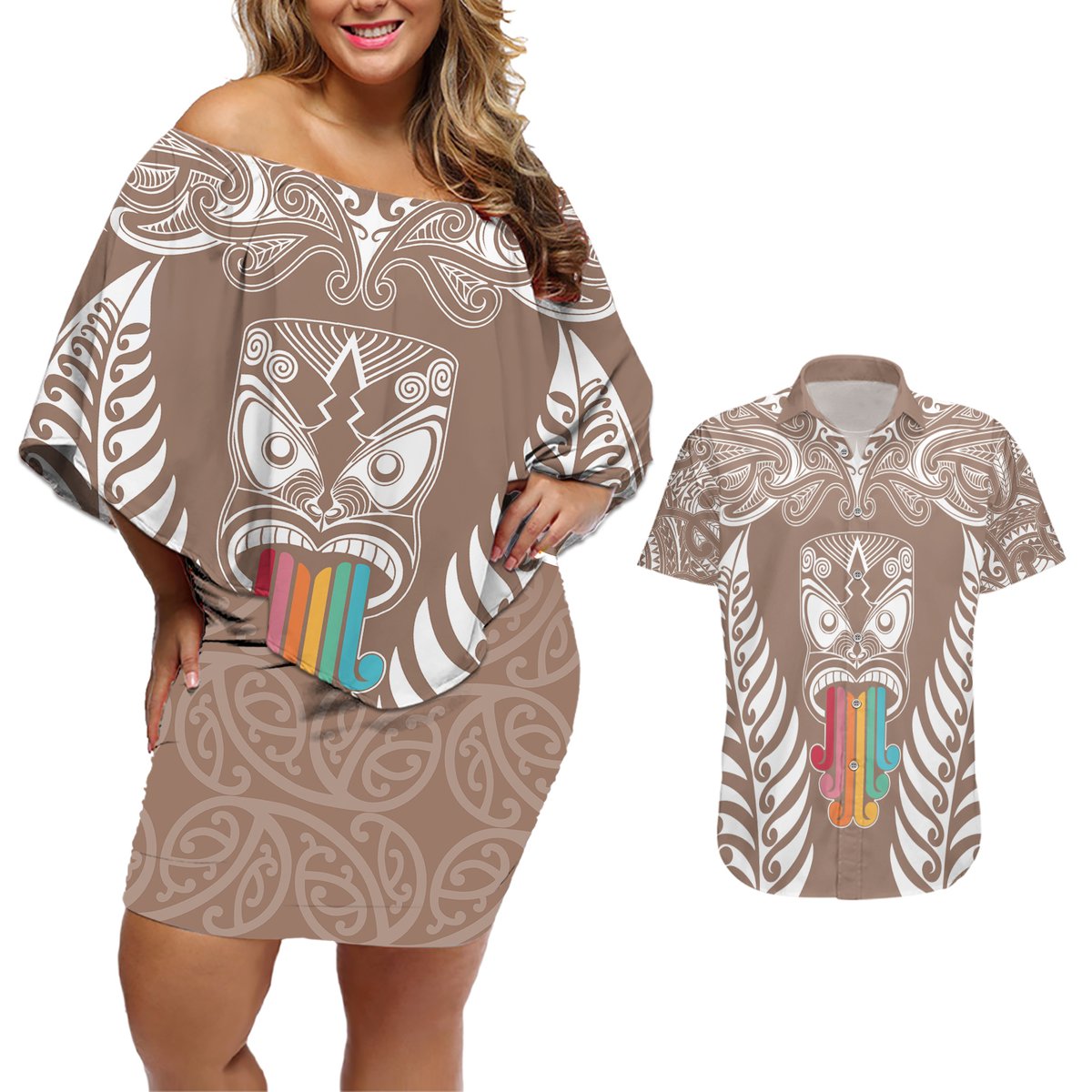 Personalised Kia Kaha Te Reo Maori Couples Matching Off Shoulder Short Dress and Hawaiian Shirt Hei Tiki Mix Koru - Brown LT7 Brown - Polynesian Pride