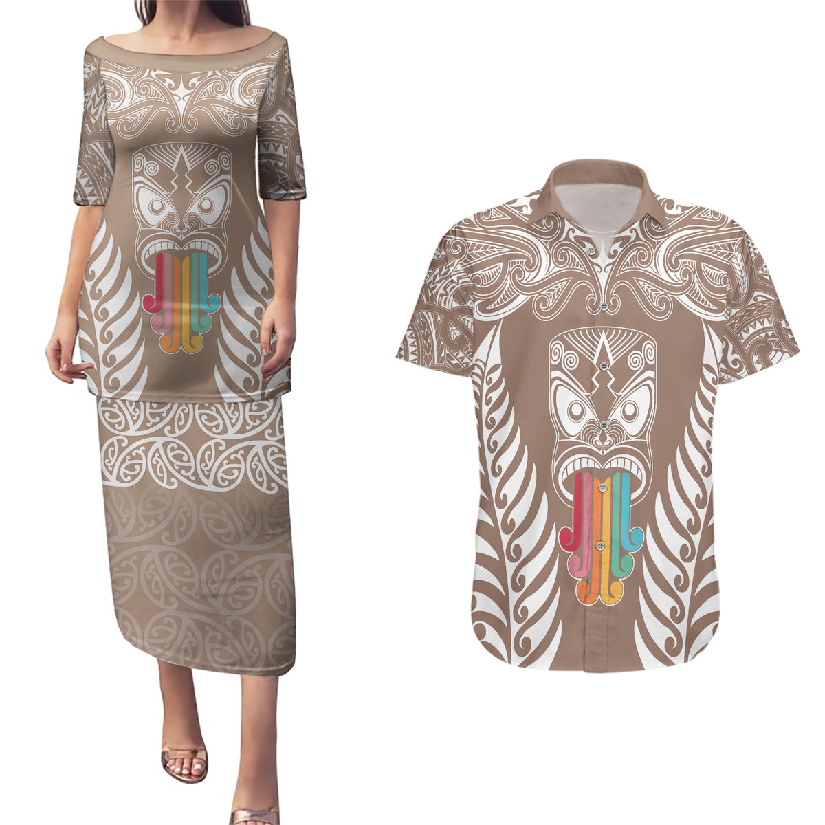 Personalised Kia Kaha Te Reo Maori Couples Matching Puletasi Dress and Hawaiian Shirt Hei Tiki Mix Koru - Brown LT7 Brown - Polynesian Pride