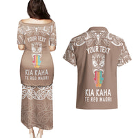 Personalised Kia Kaha Te Reo Maori Couples Matching Puletasi Dress and Hawaiian Shirt Hei Tiki Mix Koru - Brown LT7 - Polynesian Pride