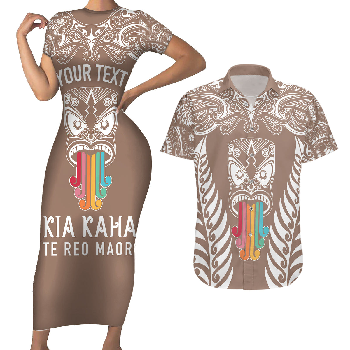 Personalised Kia Kaha Te Reo Maori Couples Matching Short Sleeve Bodycon Dress and Hawaiian Shirt Hei Tiki Mix Koru - Brown LT7 Brown - Polynesian Pride