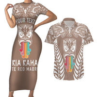 Personalised Kia Kaha Te Reo Maori Couples Matching Short Sleeve Bodycon Dress and Hawaiian Shirt Hei Tiki Mix Koru - Brown LT7 Brown - Polynesian Pride