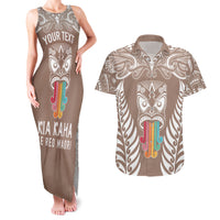 Personalised Kia Kaha Te Reo Maori Couples Matching Tank Maxi Dress and Hawaiian Shirt Hei Tiki Mix Koru - Brown LT7 Brown - Polynesian Pride