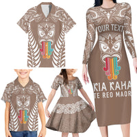 Personalised Kia Kaha Te Reo Maori Family Matching Long Sleeve Bodycon Dress and Hawaiian Shirt Hei Tiki Mix Koru - Brown LT7 - Polynesian Pride