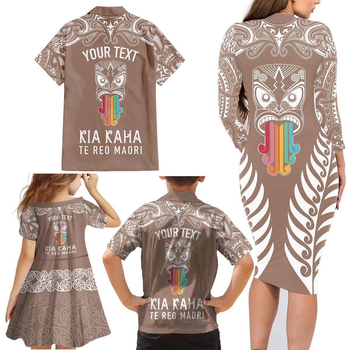 Personalised Kia Kaha Te Reo Maori Family Matching Long Sleeve Bodycon Dress and Hawaiian Shirt Hei Tiki Mix Koru - Brown LT7 - Polynesian Pride