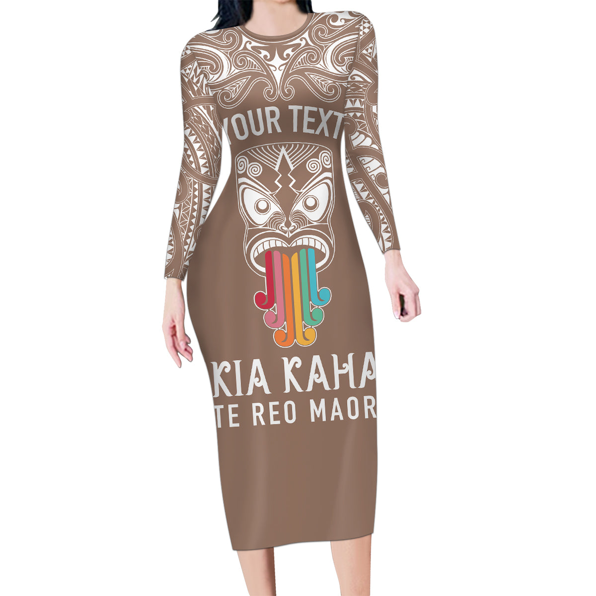 Personalised Kia Kaha Te Reo Maori Family Matching Long Sleeve Bodycon Dress and Hawaiian Shirt Hei Tiki Mix Koru - Brown LT7 Mom's Dress Brown - Polynesian Pride