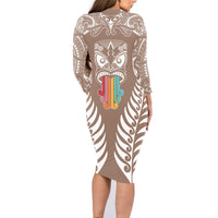 Personalised Kia Kaha Te Reo Maori Family Matching Long Sleeve Bodycon Dress and Hawaiian Shirt Hei Tiki Mix Koru - Brown LT7 - Polynesian Pride