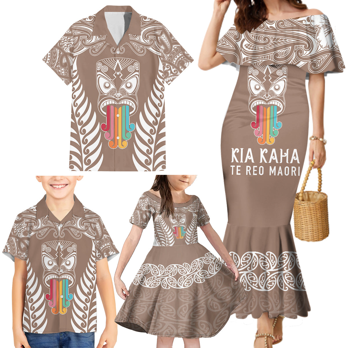 Personalised Kia Kaha Te Reo Maori Family Matching Mermaid Dress and Hawaiian Shirt Hei Tiki Mix Koru - Brown LT7 - Polynesian Pride