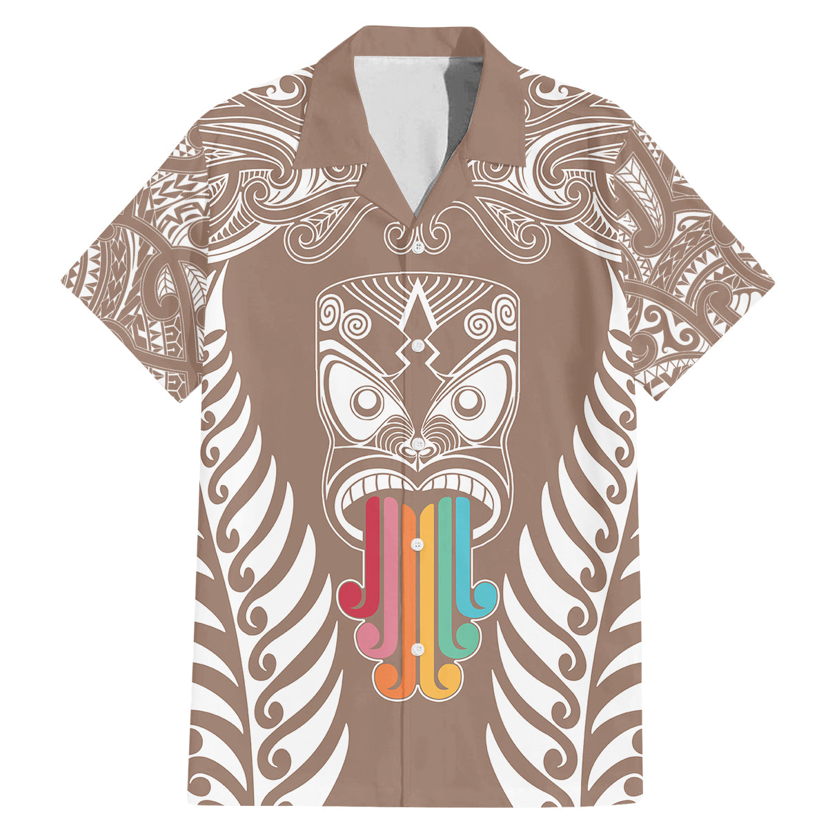 Personalised Kia Kaha Te Reo Maori Family Matching Mermaid Dress and Hawaiian Shirt Hei Tiki Mix Koru - Brown LT7 Dad's Shirt - Short Sleeve Brown - Polynesian Pride