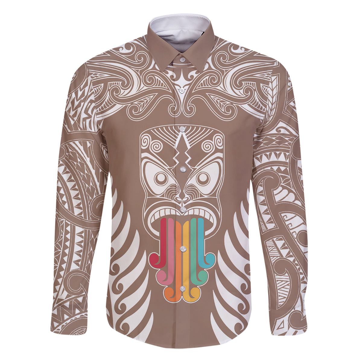 Personalised Kia Kaha Te Reo Maori Family Matching Mermaid Dress and Hawaiian Shirt Hei Tiki Mix Koru - Brown LT7 Dad's Shirt - Long Sleeve Brown - Polynesian Pride