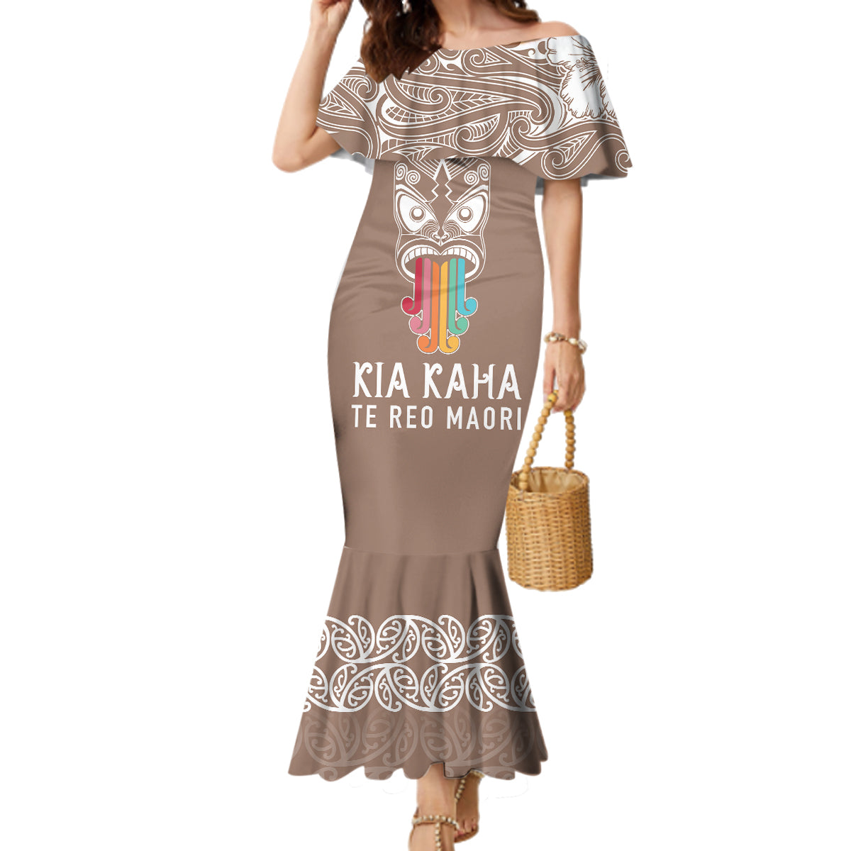 Personalised Kia Kaha Te Reo Maori Family Matching Mermaid Dress and Hawaiian Shirt Hei Tiki Mix Koru - Brown LT7 Mom's Dress Brown - Polynesian Pride