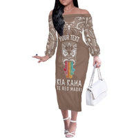 Personalised Kia Kaha Te Reo Maori Family Matching Off Shoulder Long Sleeve Dress and Hawaiian Shirt Hei Tiki Mix Koru - Brown LT7 Mom's Dress Brown - Polynesian Pride