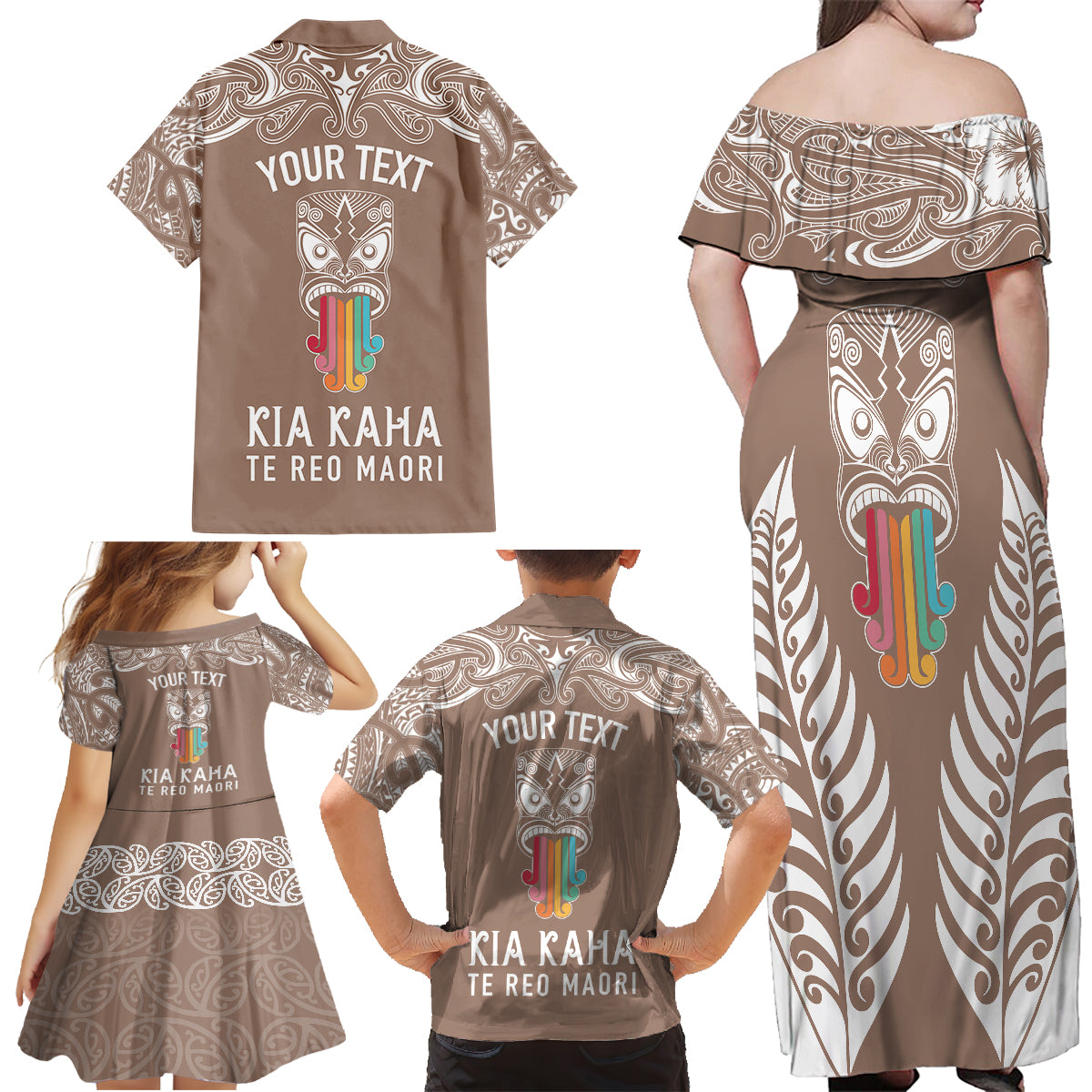 Personalised Kia Kaha Te Reo Maori Family Matching Off Shoulder Maxi Dress and Hawaiian Shirt Hei Tiki Mix Koru - Brown LT7 - Polynesian Pride