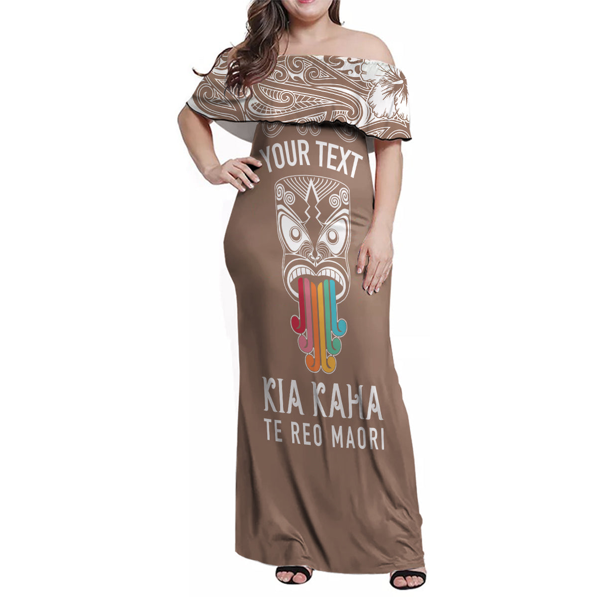 Personalised Kia Kaha Te Reo Maori Family Matching Off Shoulder Maxi Dress and Hawaiian Shirt Hei Tiki Mix Koru - Brown LT7 Dad's Shirt - Long Sleeve Brown - Polynesian Pride