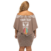 Personalised Kia Kaha Te Reo Maori Family Matching Off Shoulder Short Dress and Hawaiian Shirt Hei Tiki Mix Koru - Brown LT7 - Polynesian Pride