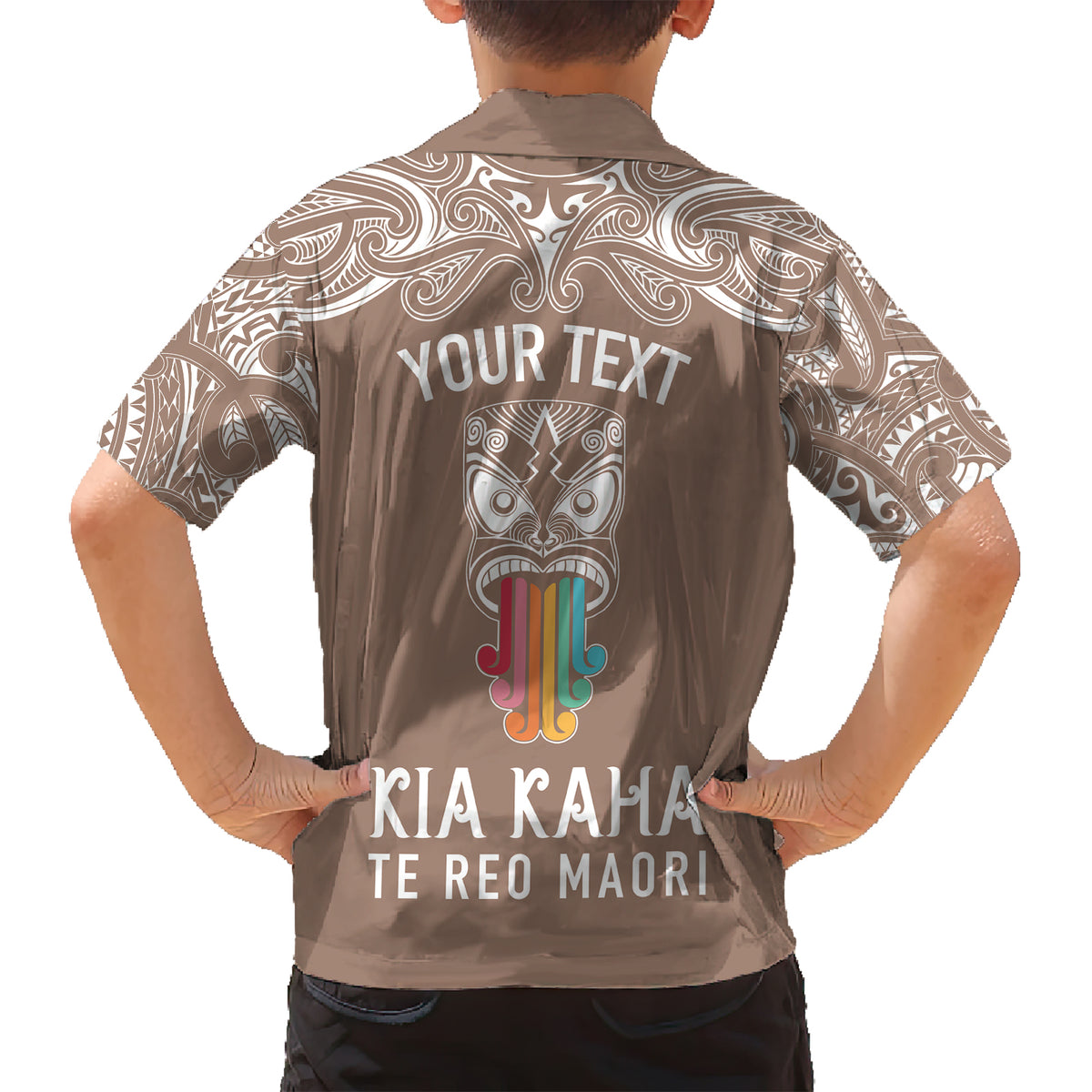 Personalised Kia Kaha Te Reo Maori Family Matching Short Sleeve Bodycon Dress and Hawaiian Shirt Hei Tiki Mix Koru - Brown LT7 - Polynesian Pride