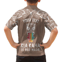 Personalised Kia Kaha Te Reo Maori Family Matching Short Sleeve Bodycon Dress and Hawaiian Shirt Hei Tiki Mix Koru - Brown LT7 - Polynesian Pride