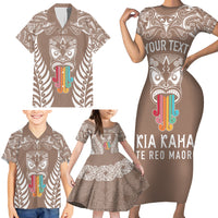 Personalised Kia Kaha Te Reo Maori Family Matching Short Sleeve Bodycon Dress and Hawaiian Shirt Hei Tiki Mix Koru - Brown LT7 - Polynesian Pride