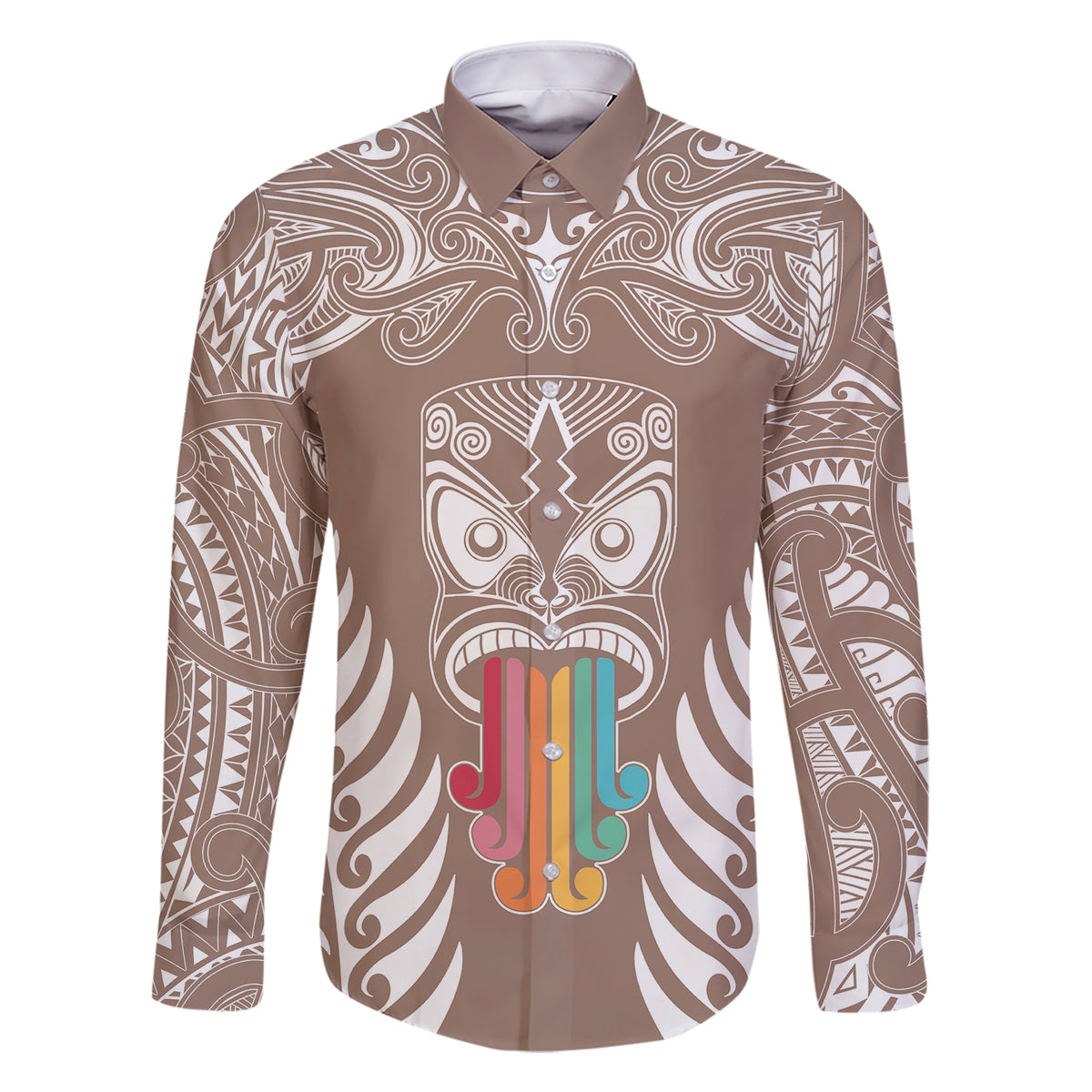 Personalised Kia Kaha Te Reo Maori Family Matching Short Sleeve Bodycon Dress and Hawaiian Shirt Hei Tiki Mix Koru - Brown LT7 Dad's Shirt - Long Sleeve Brown - Polynesian Pride