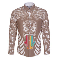 Personalised Kia Kaha Te Reo Maori Family Matching Short Sleeve Bodycon Dress and Hawaiian Shirt Hei Tiki Mix Koru - Brown LT7 Dad's Shirt - Long Sleeve Brown - Polynesian Pride