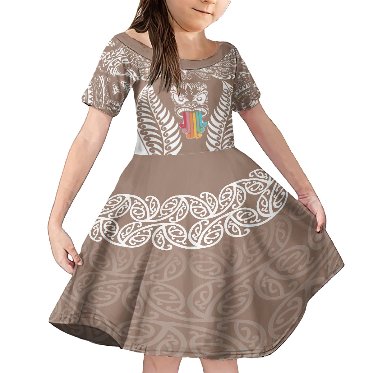 Personalised Kia Kaha Te Reo Maori Family Matching Summer Maxi Dress and Hawaiian Shirt Hei Tiki Mix Koru - Brown LT7 Daughter's Dress Brown - Polynesian Pride