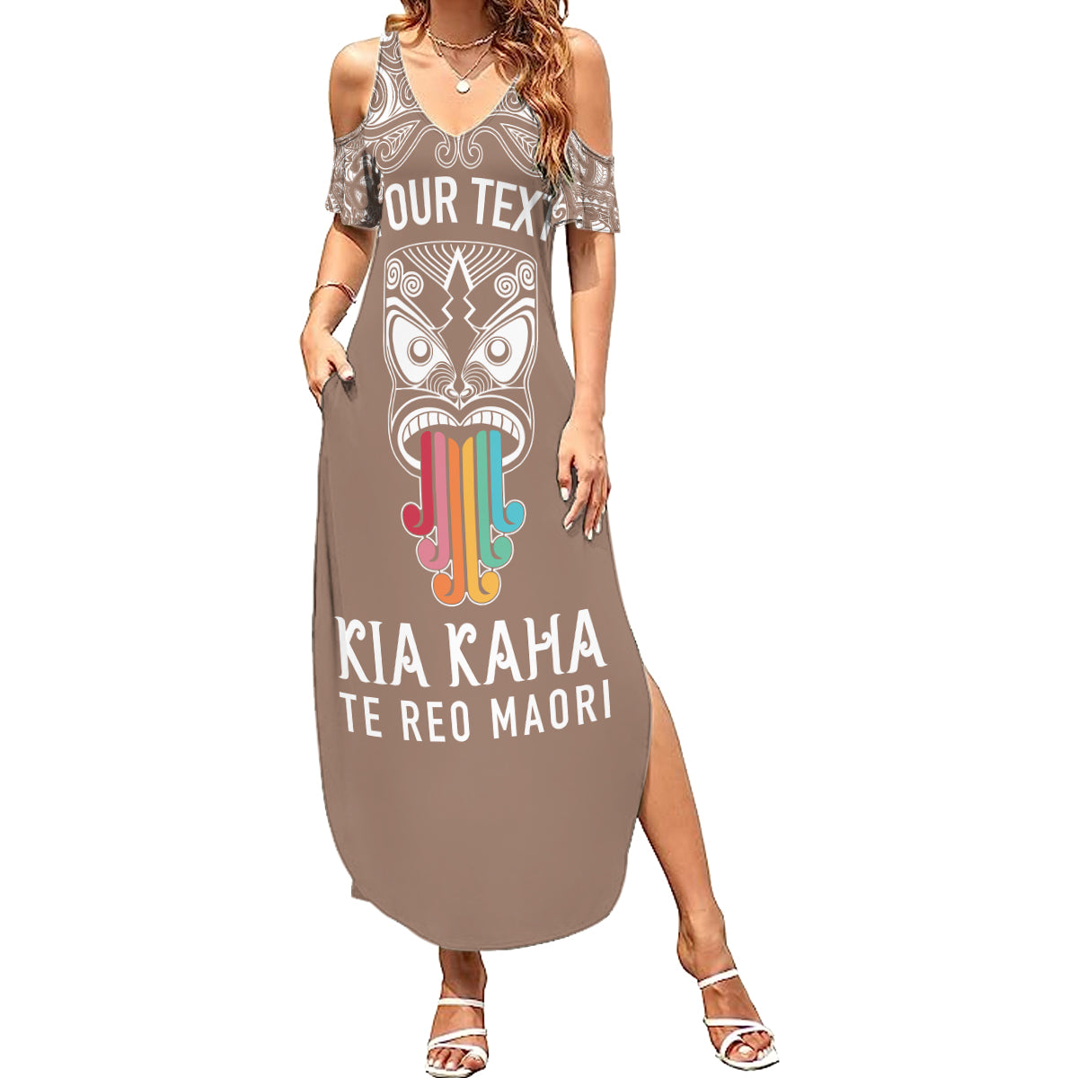 Personalised Kia Kaha Te Reo Maori Family Matching Summer Maxi Dress and Hawaiian Shirt Hei Tiki Mix Koru - Brown LT7 Mom's Dress Brown - Polynesian Pride