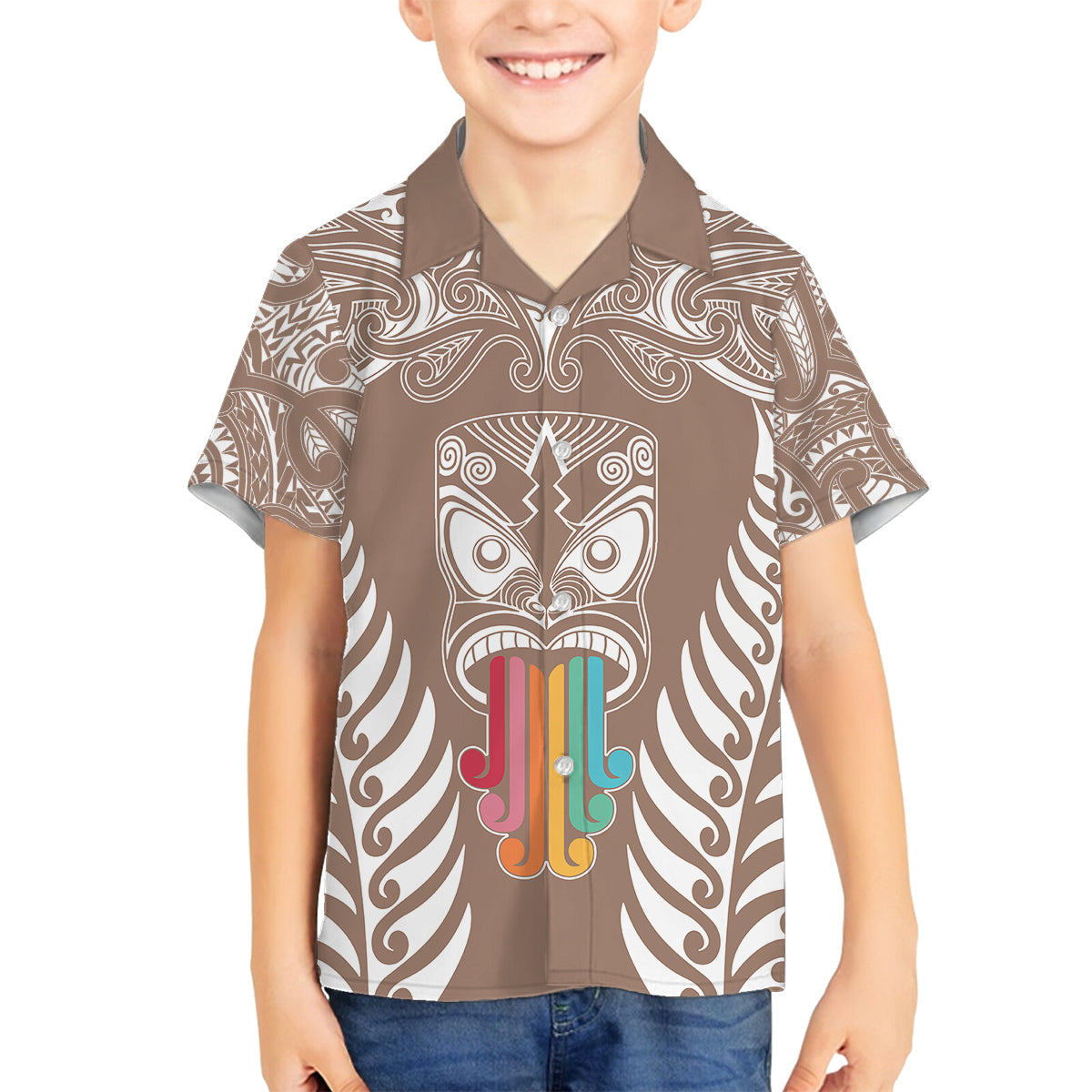 Personalised Kia Kaha Te Reo Maori Family Matching Summer Maxi Dress and Hawaiian Shirt Hei Tiki Mix Koru - Brown LT7 Son's Shirt Brown - Polynesian Pride