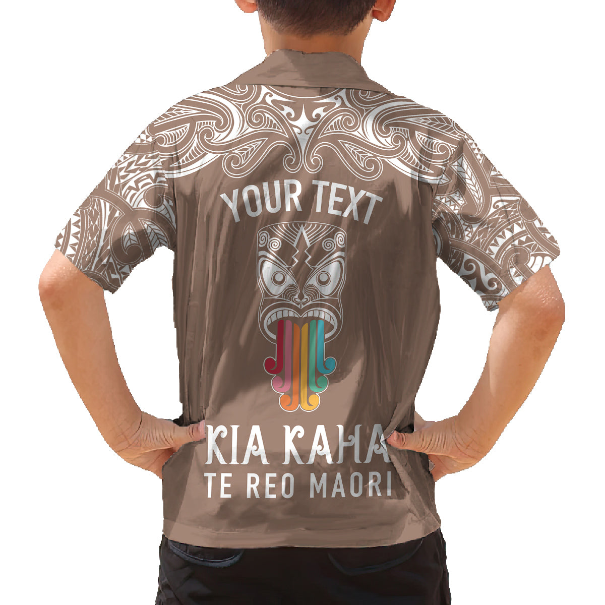 Personalised Kia Kaha Te Reo Maori Family Matching Tank Maxi Dress and Hawaiian Shirt Hei Tiki Mix Koru - Brown LT7 - Polynesian Pride