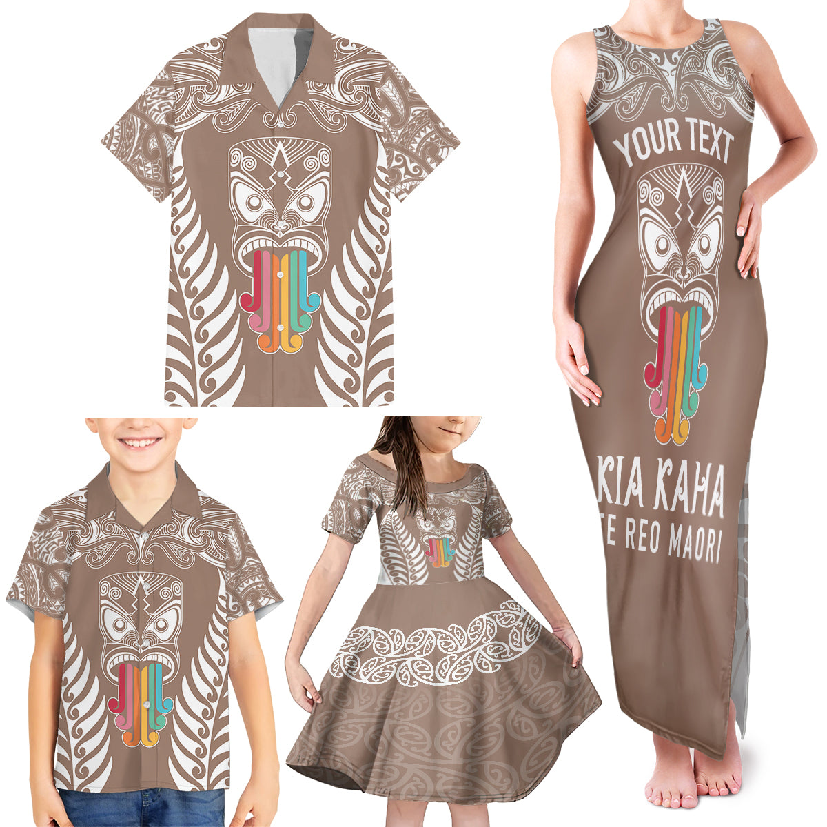 Personalised Kia Kaha Te Reo Maori Family Matching Tank Maxi Dress and Hawaiian Shirt Hei Tiki Mix Koru - Brown LT7 - Polynesian Pride