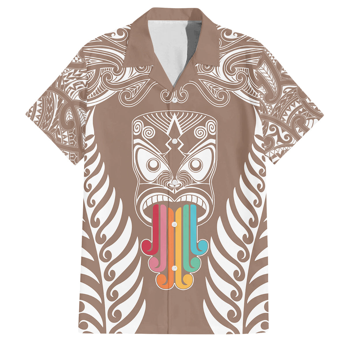 Personalised Kia Kaha Te Reo Maori Family Matching Tank Maxi Dress and Hawaiian Shirt Hei Tiki Mix Koru - Brown LT7 Dad's Shirt - Short Sleeve Brown - Polynesian Pride