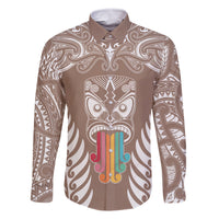 Personalised Kia Kaha Te Reo Maori Family Matching Tank Maxi Dress and Hawaiian Shirt Hei Tiki Mix Koru - Brown LT7 Dad's Shirt - Long Sleeve Brown - Polynesian Pride