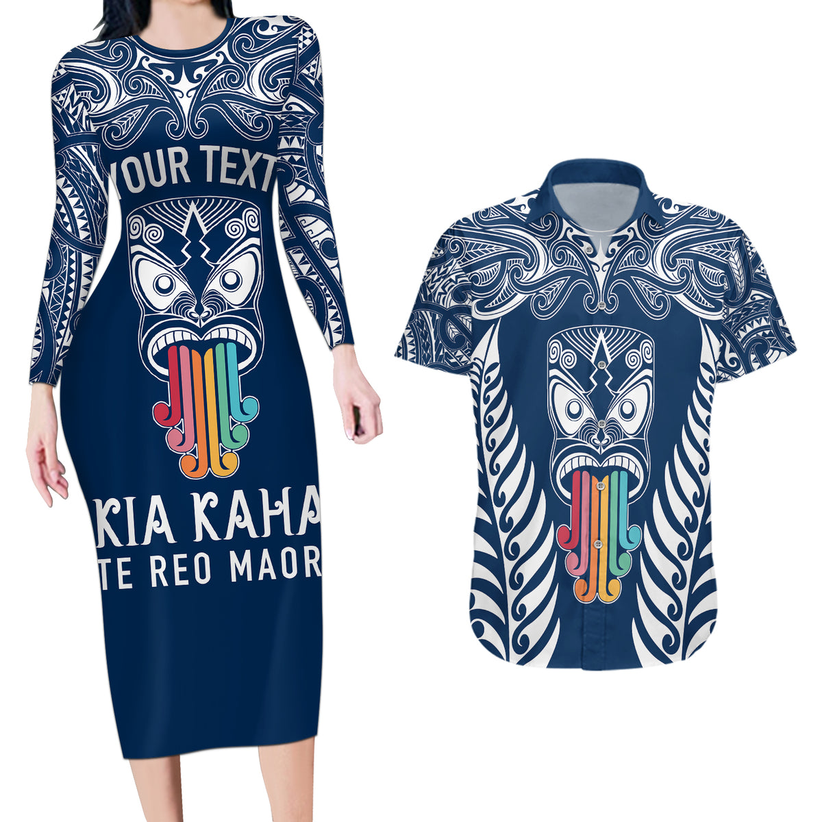 Personalised Kia Kaha Te Reo Maori Couples Matching Long Sleeve Bodycon Dress and Hawaiian Shirt Hei Tiki Mix Koru - Navy Blue LT7 Navy - Polynesian Pride