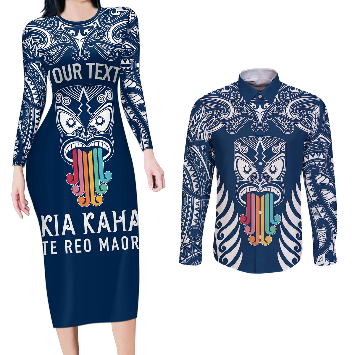 Personalised Kia Kaha Te Reo Maori Couples Matching Long Sleeve Bodycon Dress and Long Sleeve Button Shirts Hei Tiki Mix Koru - Navy Blue LT7 Navy - Polynesian Pride