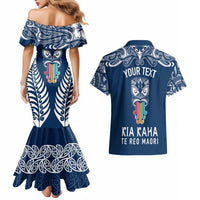 Personalised Kia Kaha Te Reo Maori Couples Matching Mermaid Dress and Hawaiian Shirt Hei Tiki Mix Koru - Navy Blue LT7 - Polynesian Pride